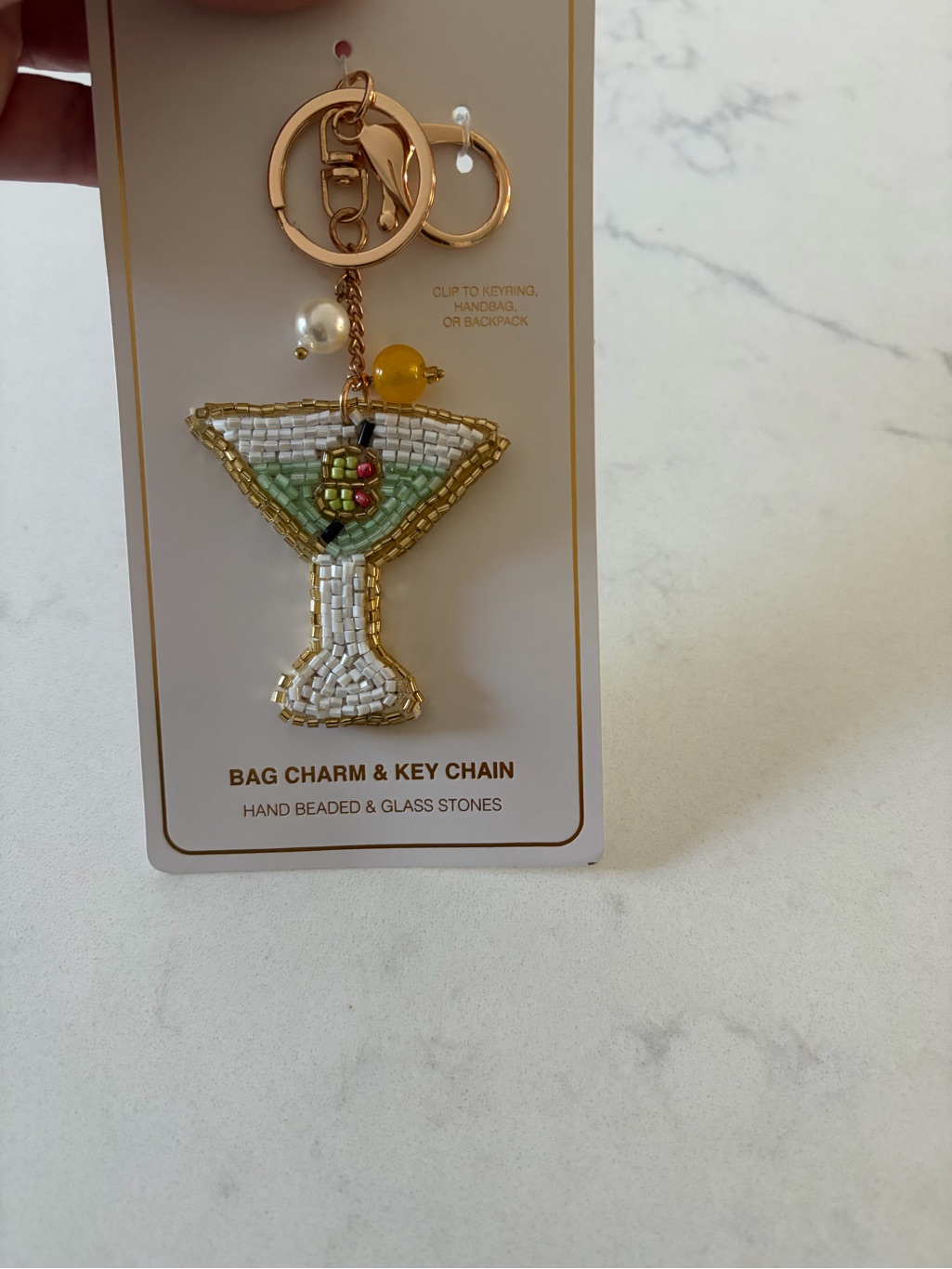 Anthropologie Gold And Green Beaded Martini Bag Charm & Key Chain